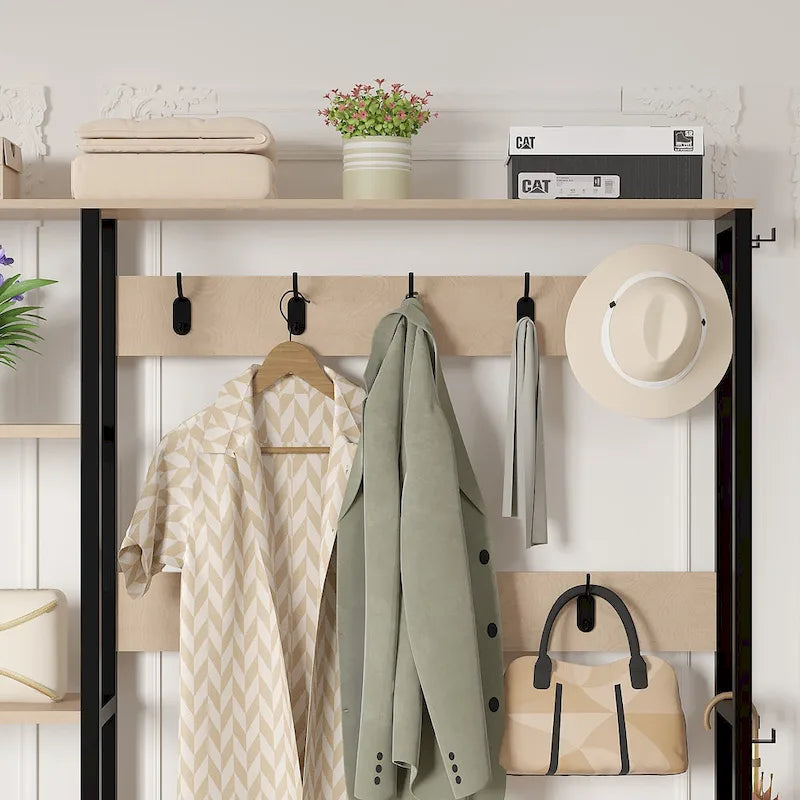 Javlergo Hall Tree for Entryway, Coat Rack with Bench Shoe Storage, 5-in-1 Entryway Bench Coat Rack with 9 Hooks