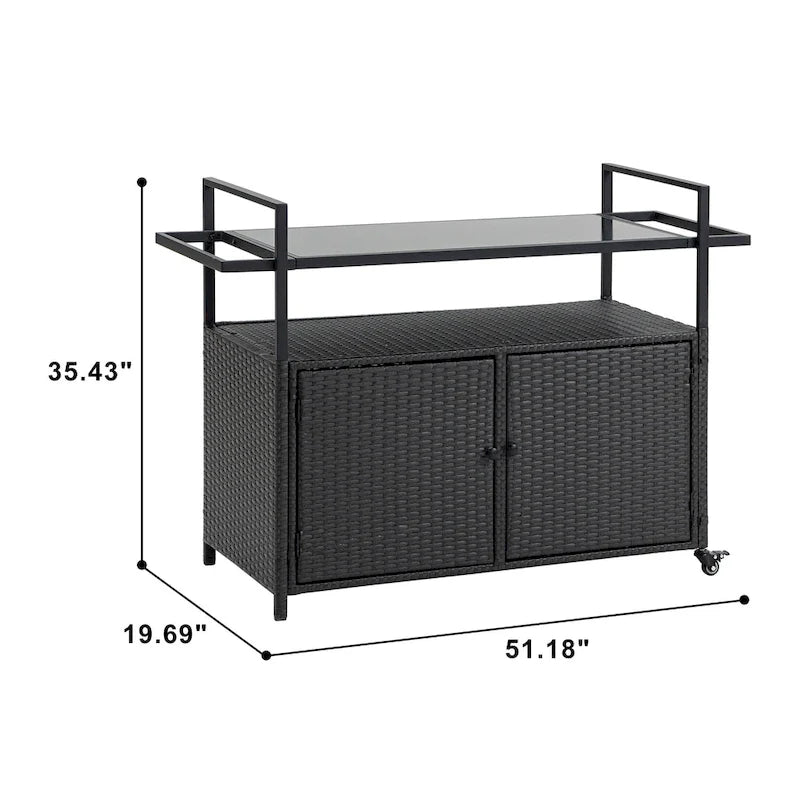 Outdoor Patio Wicker Bar Cart with Storage Cabinet and Glass Top, Rolling Rattan Beverage Bar Table w/360 Wheels & Open Shelve