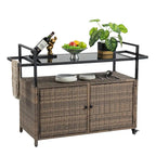 Outdoor Patio Wicker Bar Cart with Storage Cabinet and Glass Top, Rolling Rattan Beverage Bar Table w/360 Wheels & Open Shelve