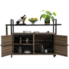 Outdoor Patio Wicker Bar Cart with Storage Cabinet and Glass Top, Rolling Rattan Beverage Bar Table w/360 Wheels & Open Shelve