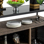Outdoor Patio Wicker Bar Cart with Storage Cabinet and Glass Top, Rolling Rattan Beverage Bar Table w/360 Wheels & Open Shelve