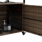 Outdoor Patio Wicker Bar Cart with Storage Cabinet and Glass Top, Rolling Rattan Beverage Bar Table w/360 Wheels & Open Shelve