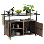 Outdoor Patio Wicker Bar Cart with Storage Cabinet and Glass Top, Rolling Rattan Beverage Bar Table w/360 Wheels & Open Shelve