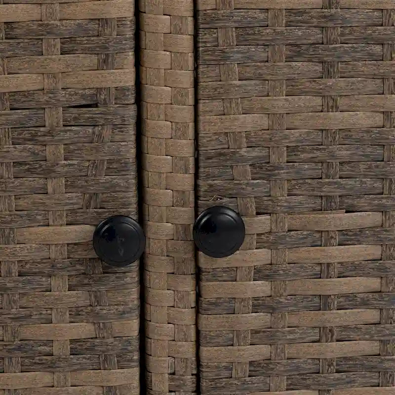 Outdoor Patio Wicker Bar Cart with Storage Cabinet and Glass Top, Rolling Rattan Beverage Bar Table w/360 Wheels & Open Shelve