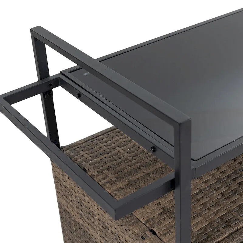 Outdoor Patio Wicker Bar Cart with Storage Cabinet and Glass Top, Rolling Rattan Beverage Bar Table w/360 Wheels & Open Shelve