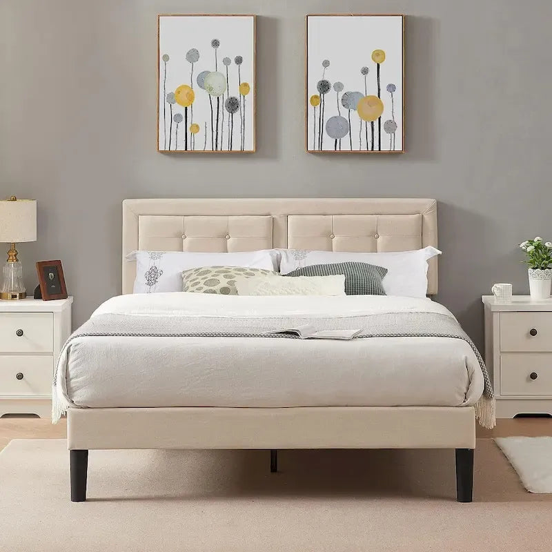 VECELO Tufted Upholstered Platform Bed Frame with Adjustable Headboard,Beige-Just have Full Size Bed