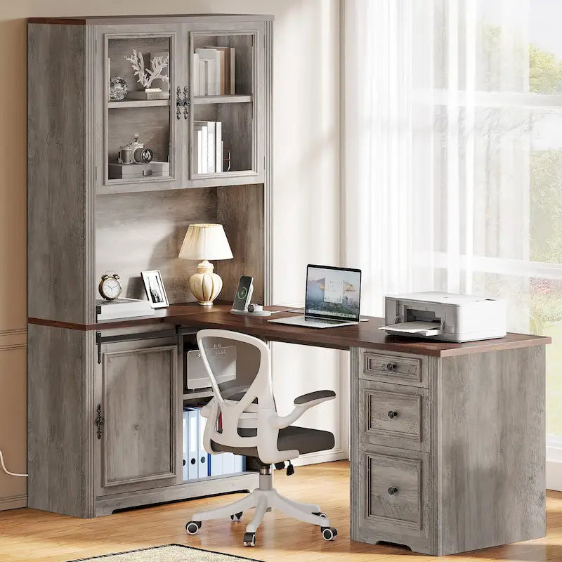Moasis Farmhouse Office Desk Corner Computer Desk with Hutch and Drawers
