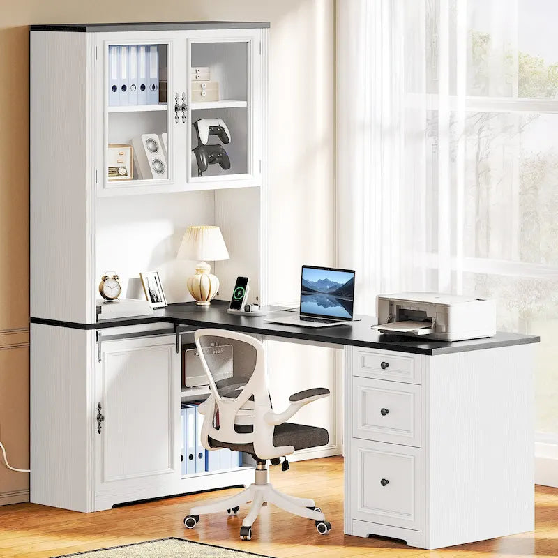 Moasis Farmhouse Office Desk Corner Computer Desk with Hutch and Drawers