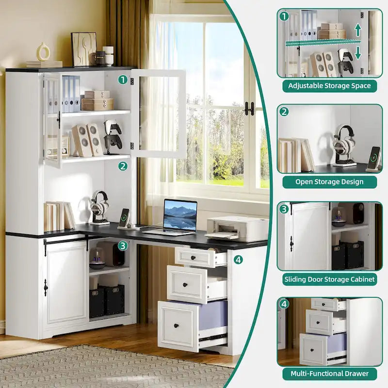 Moasis Farmhouse Office Desk Corner Computer Desk with Hutch and Drawers