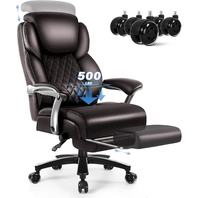 BOSSIN Lift-Headrest Big and Tall Office Chair 500lb - Heavy-Duty Leather with Retractable Footrest & Lumbar Support