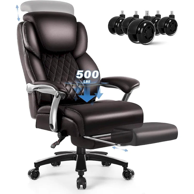 BOSSIN Lift-Headrest Big and Tall Office Chair 500lb - Heavy-Duty Leather with Retractable Footrest & Lumbar Support