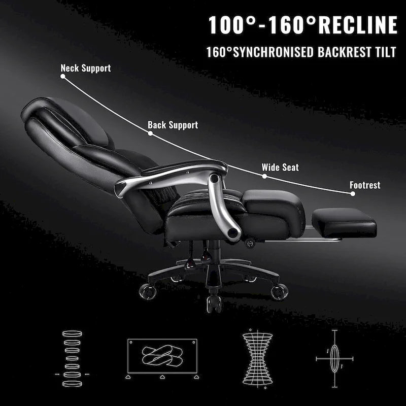 BOSSIN Lift-Headrest Big and Tall Office Chair 500lb - Heavy-Duty Leather with Retractable Footrest & Lumbar Support