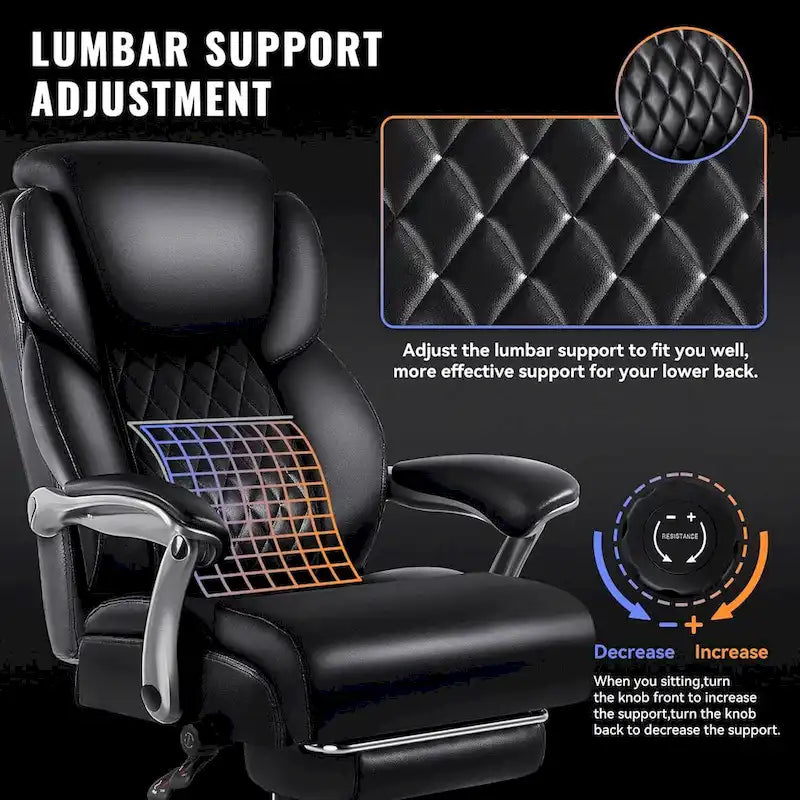 BOSSIN Lift-Headrest Big and Tall Office Chair 500lb - Heavy-Duty Leather with Retractable Footrest & Lumbar Support
