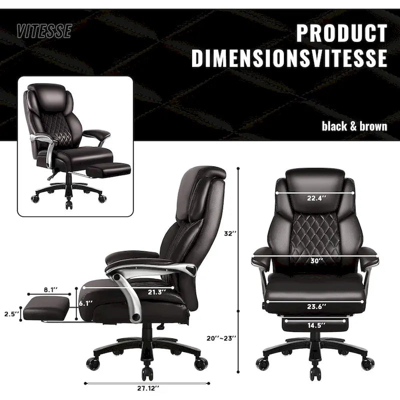 BOSSIN Lift-Headrest Big and Tall Office Chair 500lb - Heavy-Duty Leather with Retractable Footrest & Lumbar Support