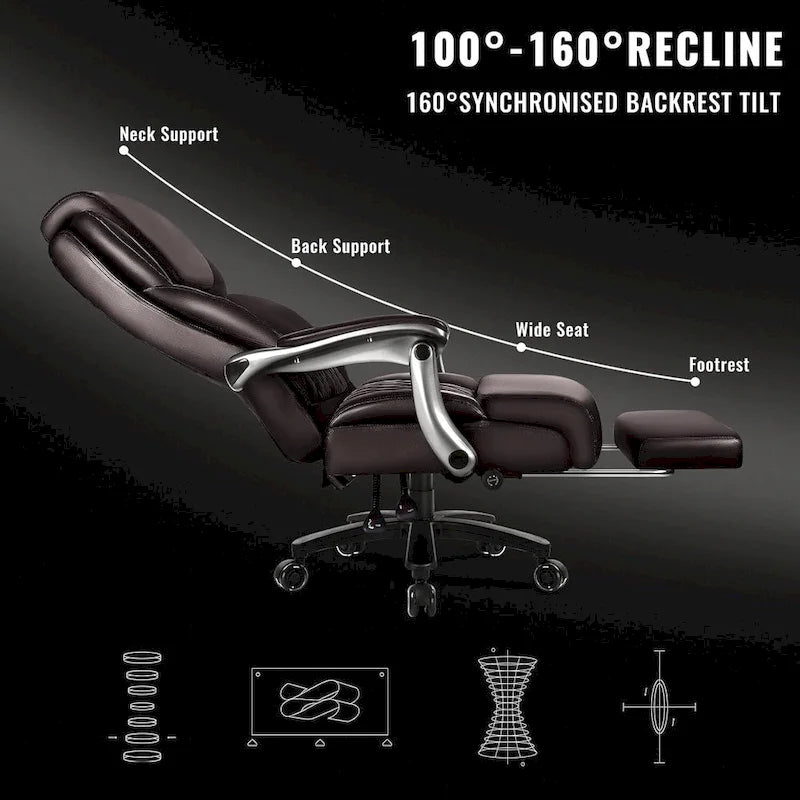 BOSSIN Lift-Headrest Big and Tall Office Chair 500lb - Heavy-Duty Leather with Retractable Footrest & Lumbar Support