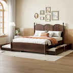 Queen Size Bed Frame with Twin XL Size Trundle and 2 Big Drawers, Wooden Platform Bed with Headboard and Slats Support