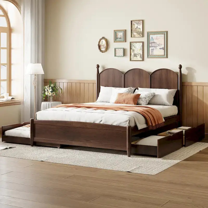 Queen Size Bed Frame with Twin XL Size Trundle and 2 Big Drawers, Wooden Platform Bed with Headboard and Slats Support