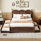 Queen Size Bed Frame with Twin XL Size Trundle and 2 Big Drawers, Wooden Platform Bed with Headboard and Slats Support