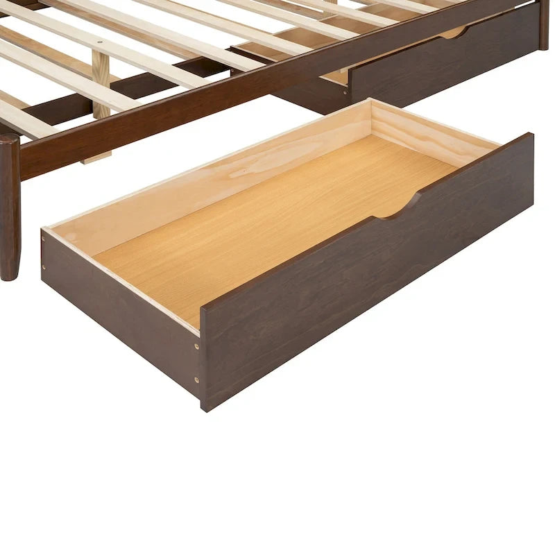 Queen Size Bed Frame with Twin XL Size Trundle and 2 Big Drawers, Wooden Platform Bed with Headboard and Slats Support