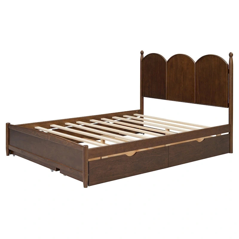 Queen Size Bed Frame with Twin XL Size Trundle and 2 Big Drawers, Wooden Platform Bed with Headboard and Slats Support
