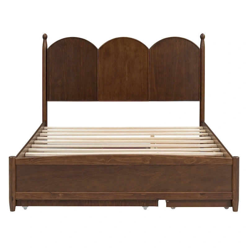 Queen Size Bed Frame with Twin XL Size Trundle and 2 Big Drawers, Wooden Platform Bed with Headboard and Slats Support