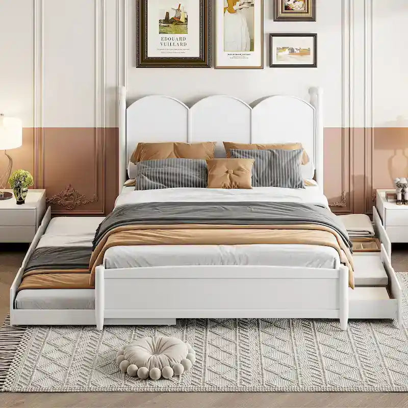 Queen Size Bed Frame with Twin XL Size Trundle and 2 Big Drawers, Wooden Platform Bed with Headboard and Slats Support