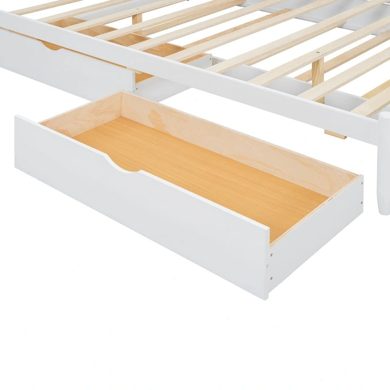 Queen Size Bed Frame with Twin XL Size Trundle and 2 Big Drawers, Wooden Platform Bed with Headboard and Slats Support