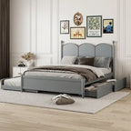 Queen Size Bed Frame with Twin XL Size Trundle and 2 Big Drawers, Wooden Platform Bed with Headboard and Slats Support