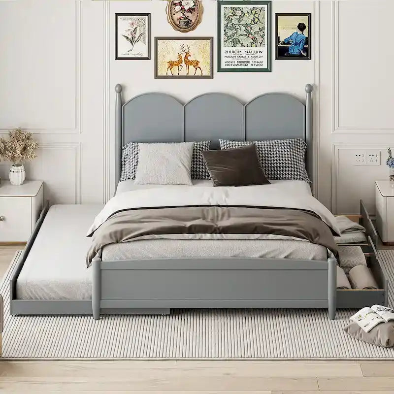 Queen Size Bed Frame with Twin XL Size Trundle and 2 Big Drawers, Wooden Platform Bed with Headboard and Slats Support