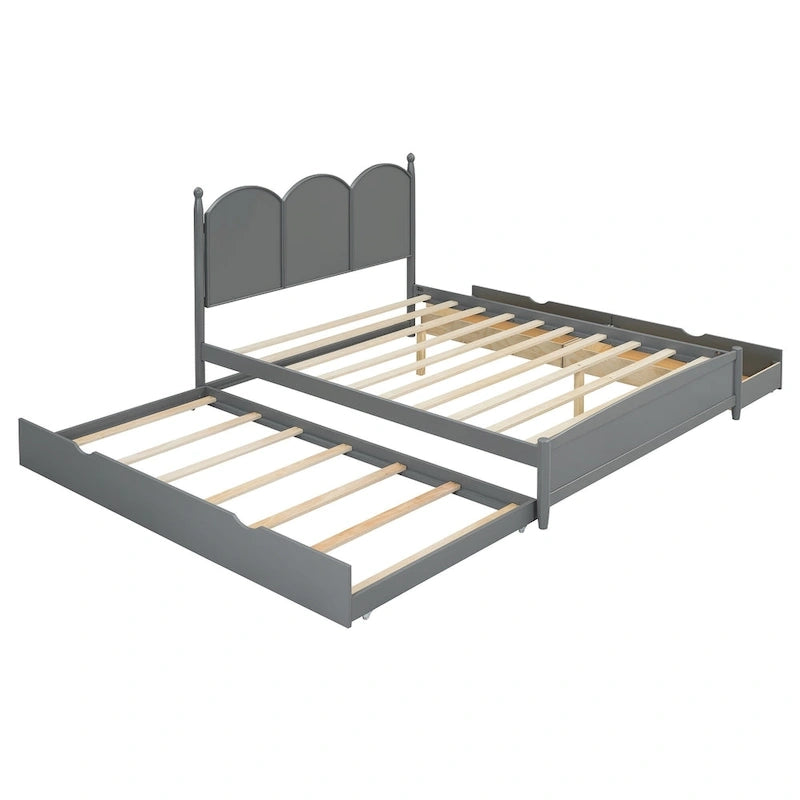 Queen Size Bed Frame with Twin XL Size Trundle and 2 Big Drawers, Wooden Platform Bed with Headboard and Slats Support