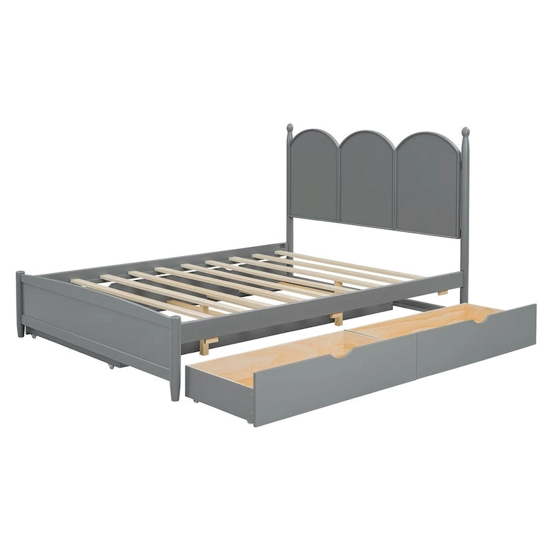 Queen Size Bed Frame with Twin XL Size Trundle and 2 Big Drawers, Wooden Platform Bed with Headboard and Slats Support