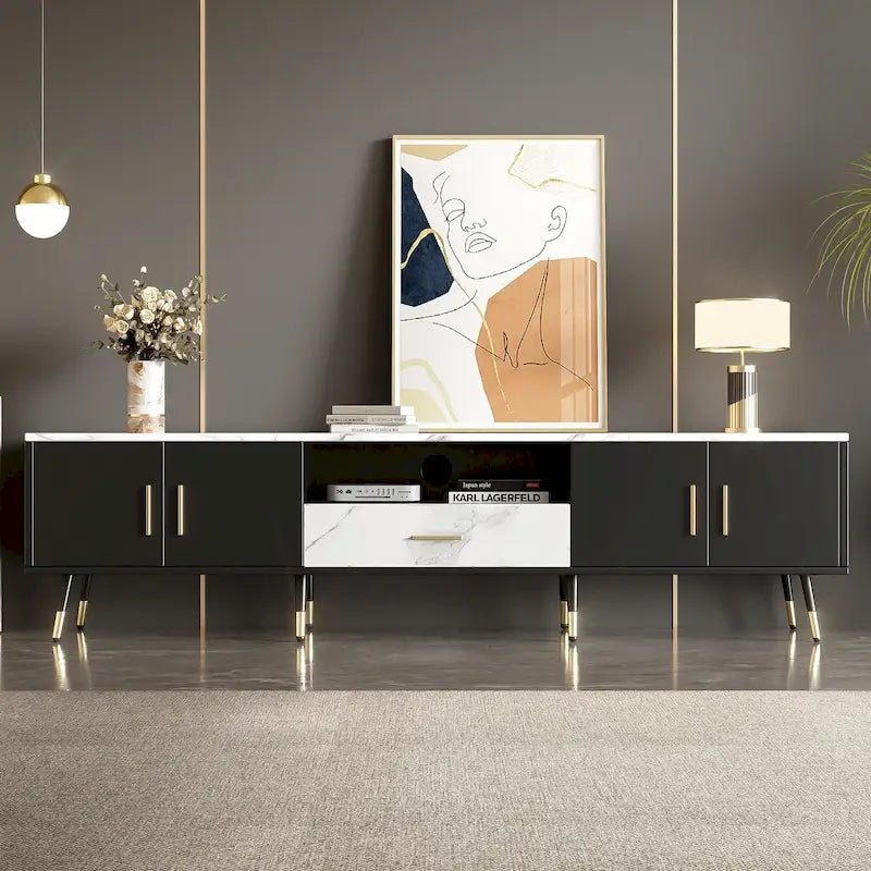 Modern TV Stand with 2 Cabinets& Open Compartments, Television Console for Living Room, Bedroom