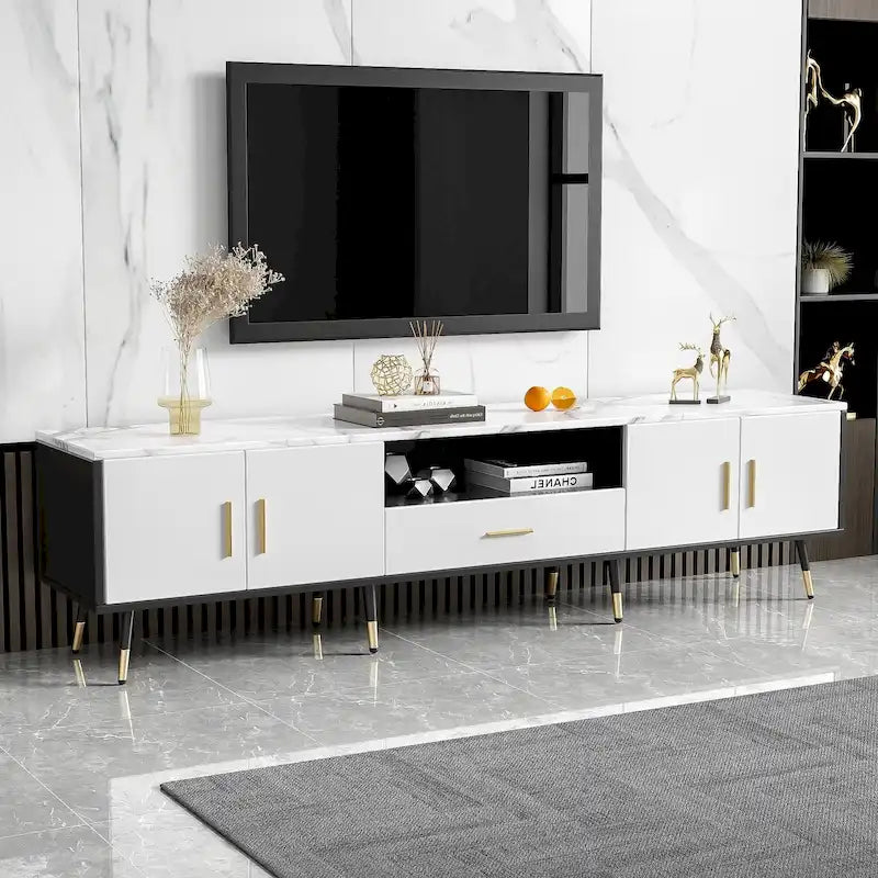 Modern TV Stand with 2 Cabinets& Open Compartments, Television Console for Living Room, Bedroom