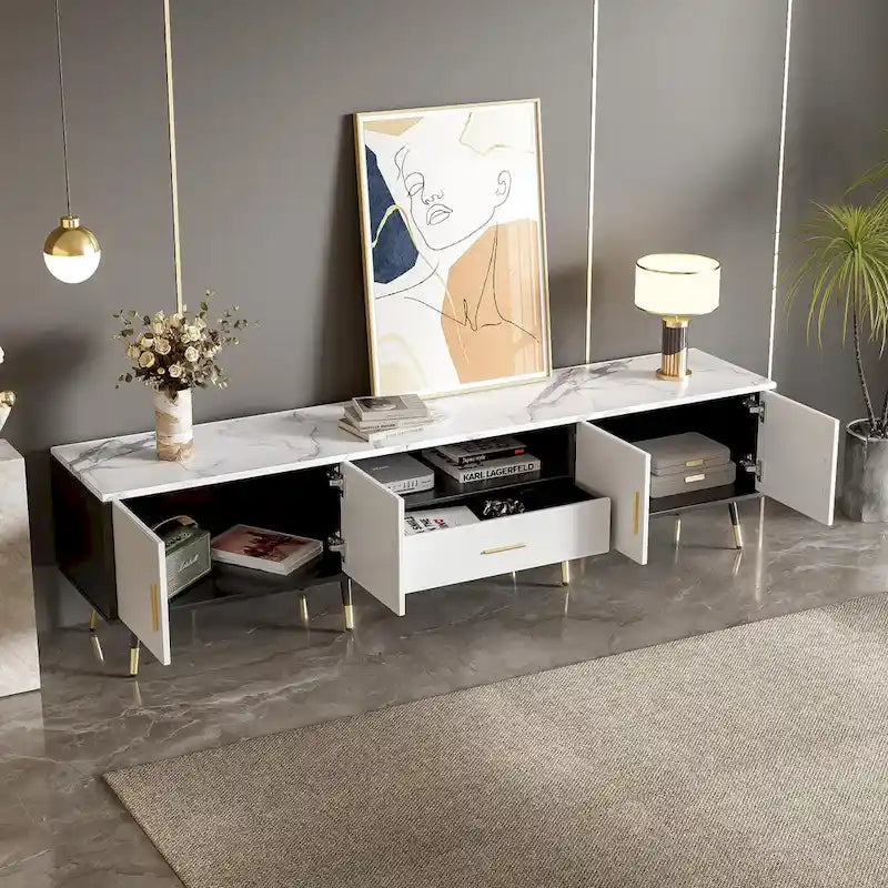 Modern TV Stand with 2 Cabinets& Open Compartments, Television Console for Living Room, Bedroom