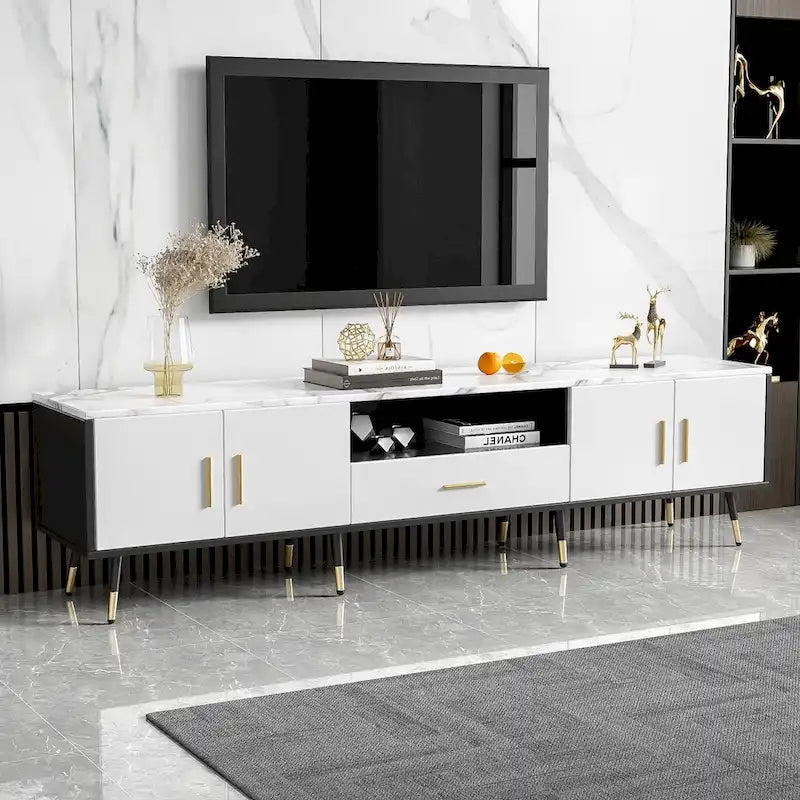 Modern TV Stand with 2 Cabinets& Open Compartments, Television Console for Living Room, Bedroom