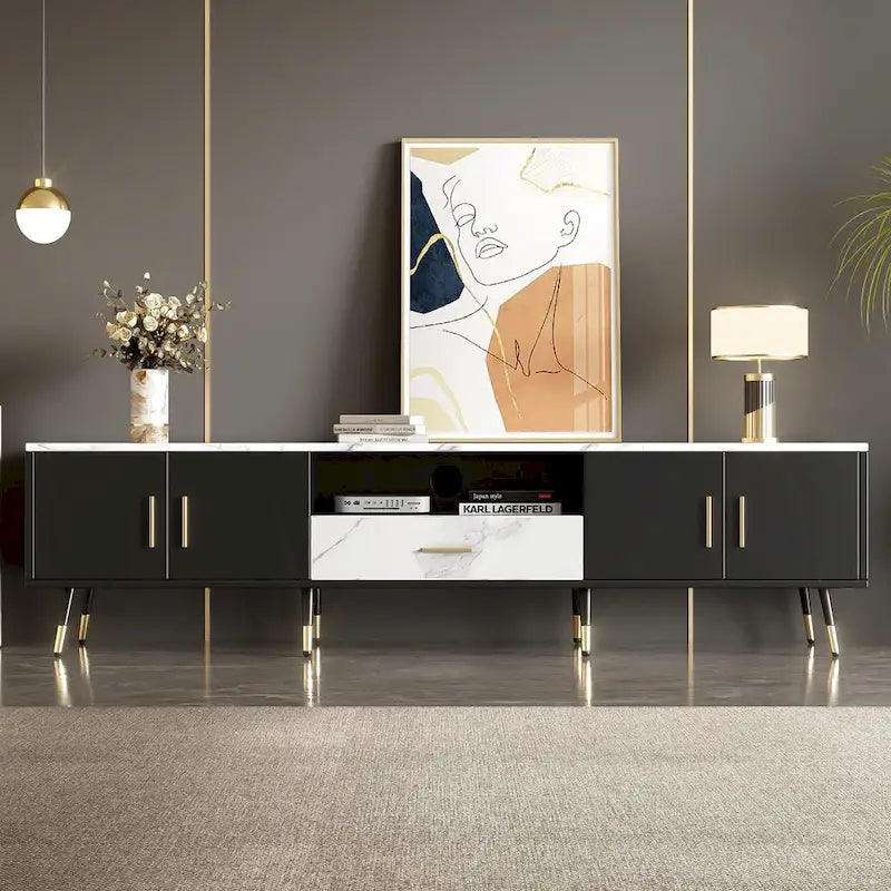 Modern TV Stand with 2 Cabinets& Open Compartments, Television Console for Living Room, Bedroom