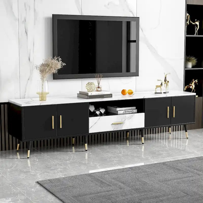 Modern TV Stand with 2 Cabinets& Open Compartments, Television Console for Living Room, Bedroom
