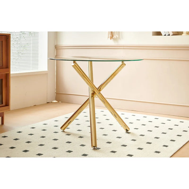 1+4, 5pieces dining set, Table metal leg Mid-century Dining Table for 4-6 people With Glass Table Top, Pedestal Dining Table