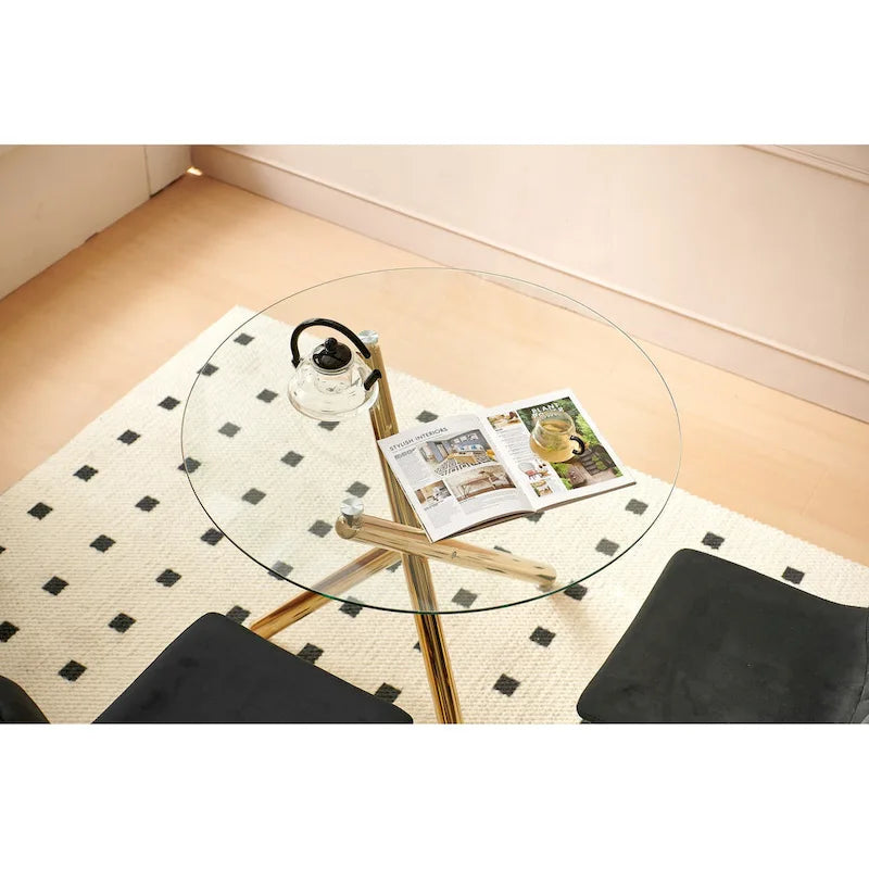 1+4, 5pieces dining set, Table metal leg Mid-century Dining Table for 4-6 people With Glass Table Top, Pedestal Dining Table