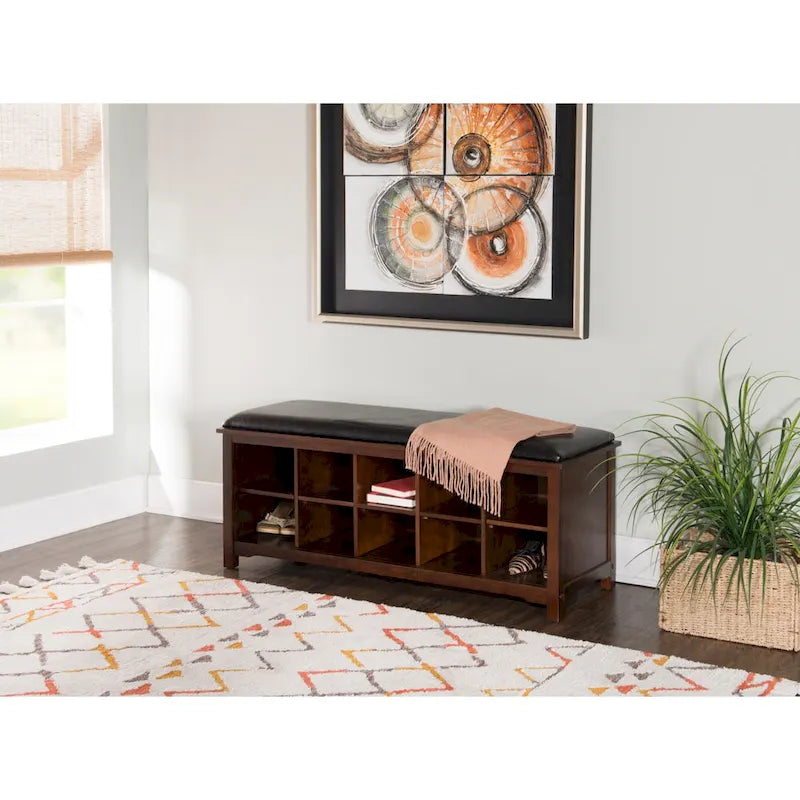 Upholstered Bench with Ten Storage Cubes - 45  - Brown