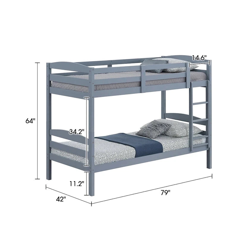 Modern Gray Solid Wood Twin Over Twin Bunk Bed with Ladder