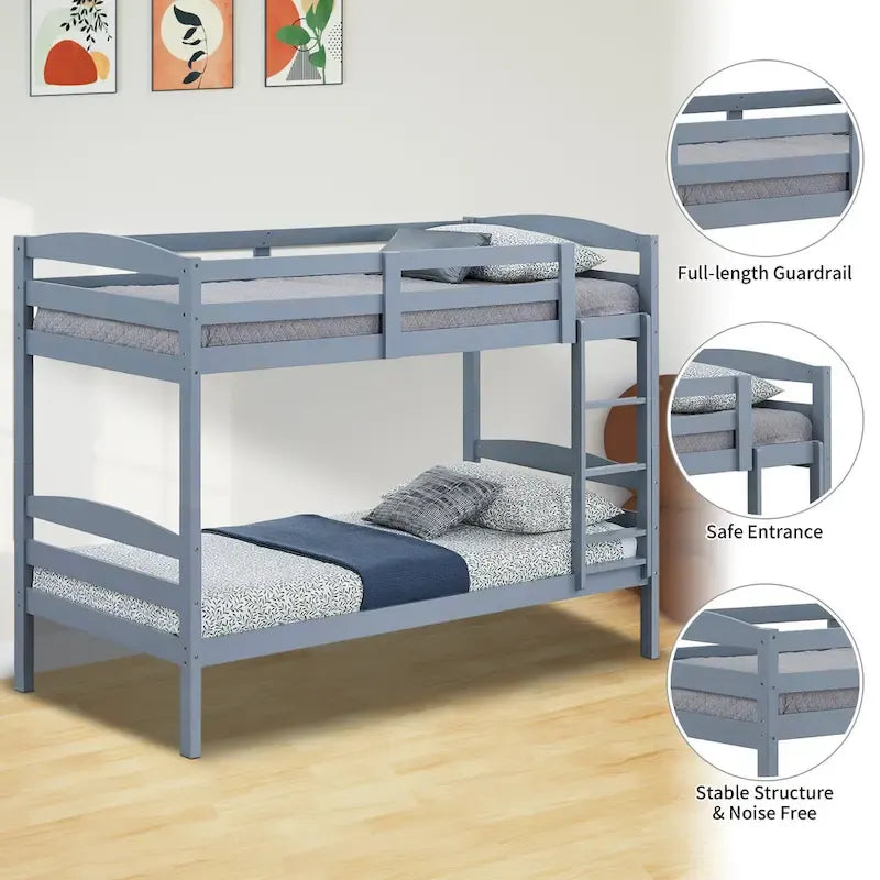 Modern Gray Solid Wood Twin Over Twin Bunk Bed with Ladder