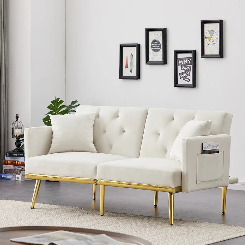 Cream White Velvet Sofa Bed - 31.49 x 59.00 x 29.52