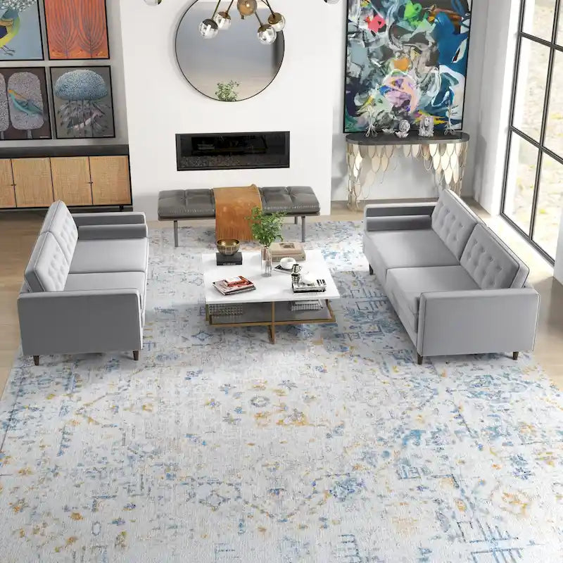 Kenzo Mid Century Pillow Back Velvet Sofa and Loveseat Set