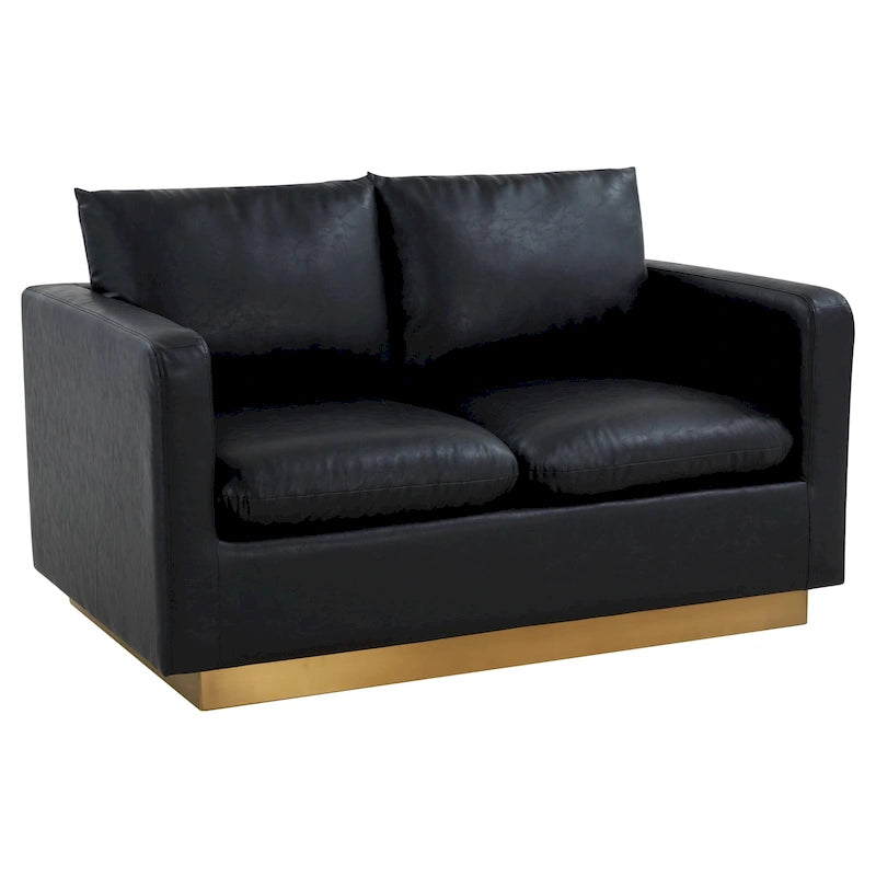 LeisureMod Nervo Modern Leather Loveseat With Gold Base & Cushions - 55.9