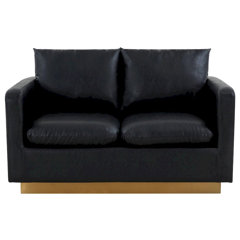 LeisureMod Nervo Modern Leather Loveseat With Gold Base & Cushions - 55.9
