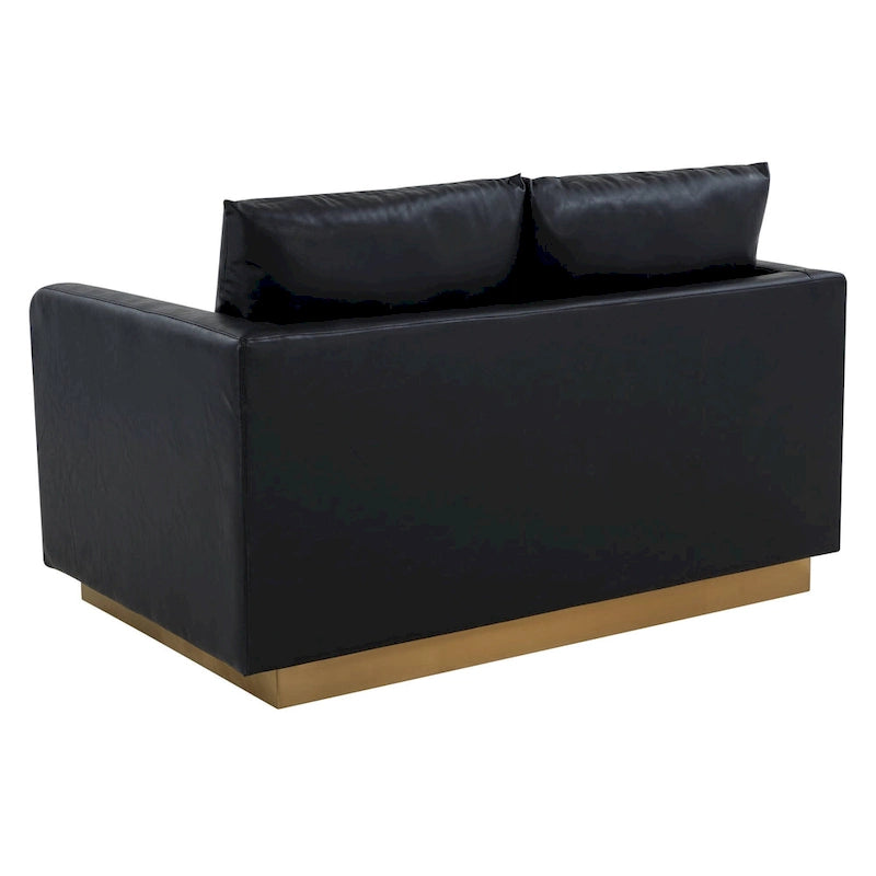 LeisureMod Nervo Modern Leather Loveseat With Gold Base & Cushions - 55.9