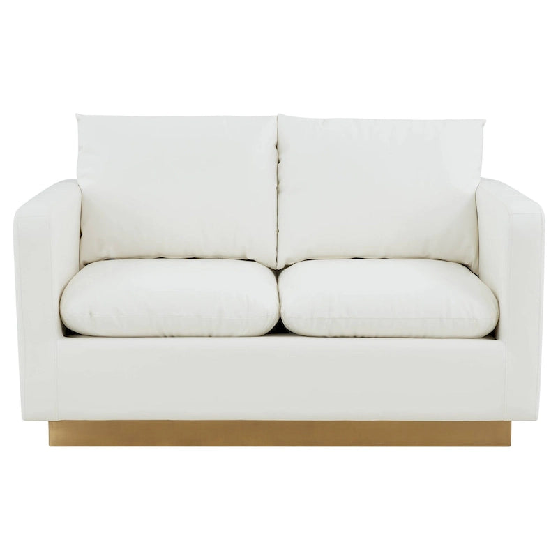 LeisureMod Nervo Modern Leather Loveseat With Gold Base & Cushions - 55.9