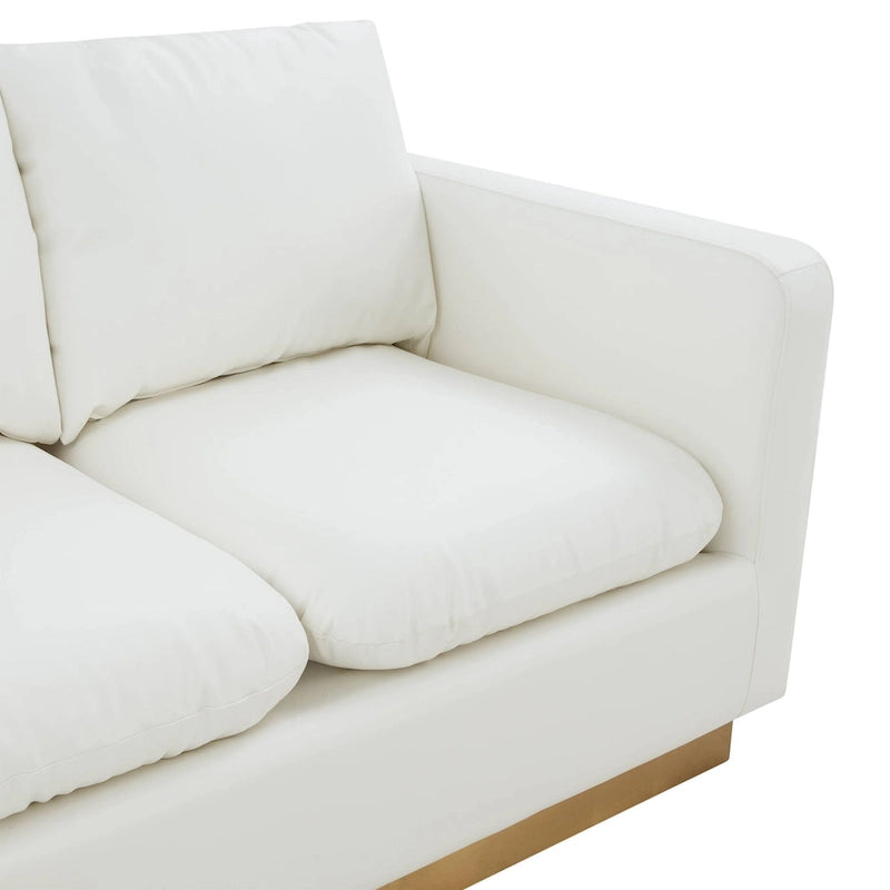 LeisureMod Nervo Modern Leather Loveseat With Gold Base & Cushions - 55.9