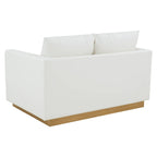 LeisureMod Nervo Modern Leather Loveseat With Gold Base & Cushions - 55.9